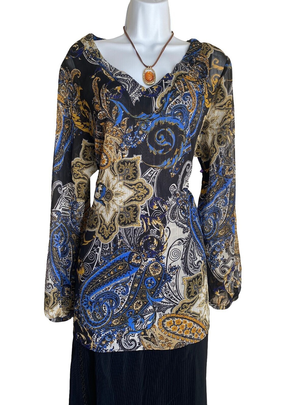 Y2K Avenue Plus 18/20 Blue Gold Paisley Boho Tunic Blouse Whimsigoth Goth